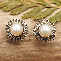 Cultured pearl stud earrings, 'Bright Destiny' - Sterling Silver Stud Earrings with White Cultured Pearls