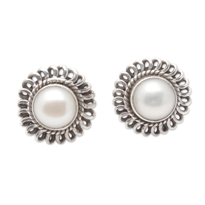 Cultured pearl stud earrings, 'Bright Destiny' - Sterling Silver Stud Earrings with White Cultured Pearls