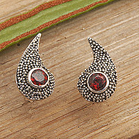 Garnet button earrings, 'Perseverance Drops' - Drop-Shaped Button Earrings with Natural Garnet Jewels