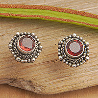 Garnet stud earrings, 'Passion Core' - Geometric Sterling Silver Stud Earrings with Garnet Stones