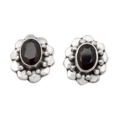 Garnet button earrings, 'Passionate Serenity' - Floral Button Earrings with 1-Carat Natural Garnet Stones