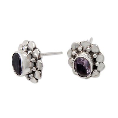 Amethyst button earrings, 'Wise Serenity' - Floral Button Earrings with Oval-Shaped Amethyst Stones