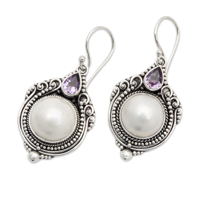 Cultured Mabe pearl and amethyst dangle earrings, 'Alluring Elegance' - Silver Dangle Earrings with Cultured Mabe Pearl & Amethyst