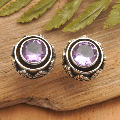 Amethyst button earrings, 'Touch of Purple' - Sterling Silver Button Earrings with Round Amethyst Stone