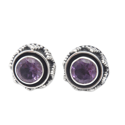 Amethyst button earrings, 'Touch of Purple' - Sterling Silver Button Earrings with Round Amethyst Stone