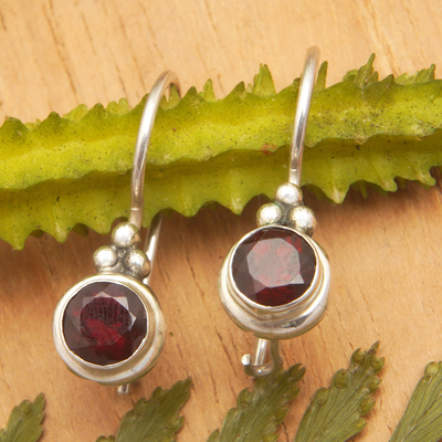 Garnet drop earrings, 'Unique Sparkle' - Sterling Silver Drop Earrings with Round Garnet Stone