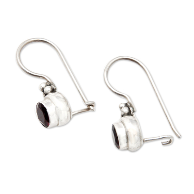 Garnet drop earrings, 'Unique Sparkle' - Sterling Silver Drop Earrings with Round Garnet Stone
