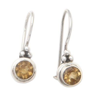 Citrine drop earrings, 'Unique Brilliance' - Sterling Silver Drop Earrings with Round Citrine Stone