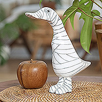 Bamboo root and teak wood figurine, 'Mummy Duck' - Handcrafted Bamboo Root and Teak Wood Mummy Duck Figurine