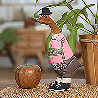 Bamboo root and teak wood figurine, 'Mister Duck in October' - Handcrafted Bamboo Root and Teak Wood Bavarian Duck Figurine