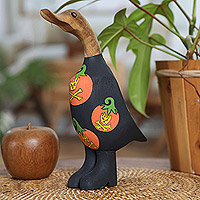 Bamboo root and teak figurine, 'Halloween Duck' - Hand-Painted Bamboo Root & Teakwood Halloween Duck Figurine