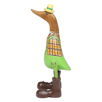 Bamboo root and teak wood figurine, 'Gardener Duck' - Handcrafted Bamboo Root and Teak Wood Gardener Duck Figurine