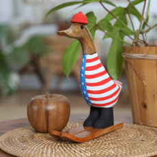 Handcrafted Bamboo Root and Teak Wood Skiing Duck Figurine, 'Skiing for America'