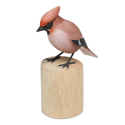 estatuilla de madera - Estatuilla de pájaro de madera tallada a mano y pintada a mano con base de teca