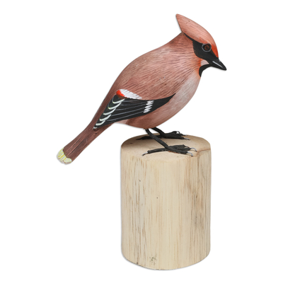 Holzstatuette - Handgeschnitzte, handbemalte Vogelstatuette aus Holz mit Sockel aus Teakholz