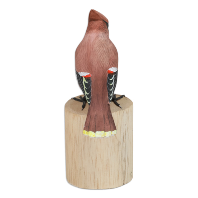 Wood statuette, 'Adorable Waxwing' - Hand-Carved Hand-Painted Wood Bird Statuette with Teak Base