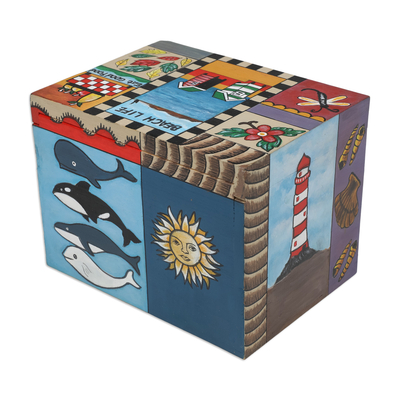 Wood decorative box, 'Coastal Life' - Hand-Painted Wood Decorative with Box Toggle Latch Closure