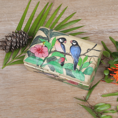 Wood decorative box, 'Hibiscus Couple' - Hand-Painted Nature-Themed Suar Wood Decorative Box