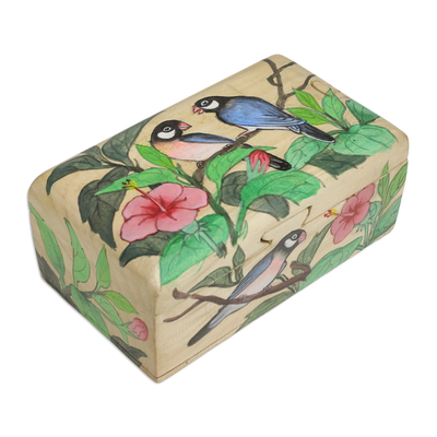 Caja decorativa de madera - Caja decorativa de madera de suar pintada a mano con motivos de la naturaleza