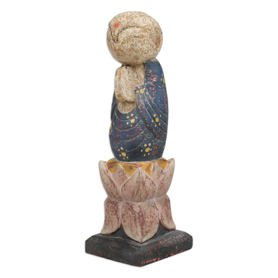 Wood sculpture, 'The Monk' - Hand-Carved and Hand-Painted Wood Sculpture of Monk Praying