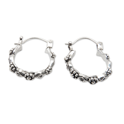 Sterling silver hoop earrings, 'Trendy Geometry' - Sterling Silver Hoop Earrings with Rhombus & Floral Motifs
