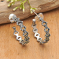 Sterling silver half-hoop earrings, 'Captivating Desire' - Sterling Silver Half-Hoop Earrings with Balinese Motifs