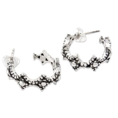 Sterling silver half-hoop earrings, 'Rhombus Enchantment' - Geometric-Themed Sterling Silver Half-Hoop Earrings