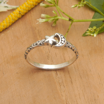 Sterling silver band ring, 'Stellar Moon' - Star and Moon-Themed Sterling Silver Band Ring from Bali