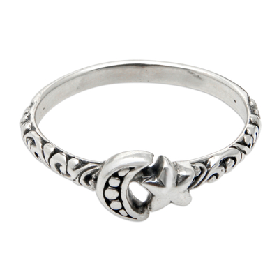 Sterling silver band ring, 'Stellar Moon' - Star and Moon-Themed Sterling Silver Band Ring from Bali
