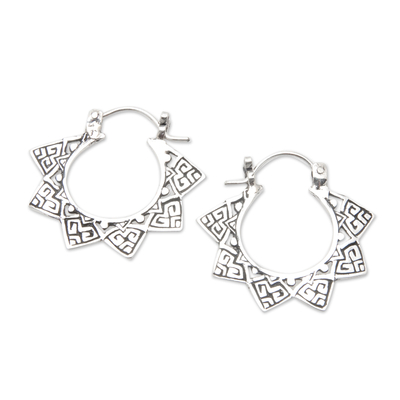Sterling silver hoop earrings, 'Klungkung Sun' - Traditional Balinese Sterling Silver Hoop Earrings