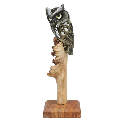 Wood sculpture, 'The Owl' - Handcrafted Owl-Themed Jempinis and Benalu Wood Sculpture