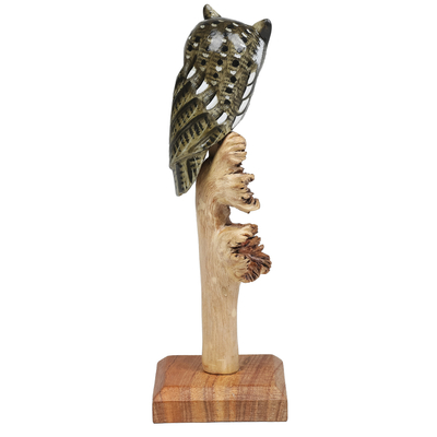 Wood sculpture, 'The Owl' - Handcrafted Owl-Themed Jempinis and Benalu Wood Sculpture
