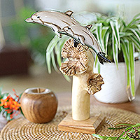 Wood sculpture, 'The Dolphins' - Dolphin-Themed Handmade Jempinis and Benalu Wood Sculpture