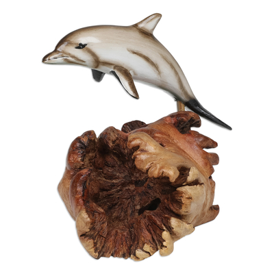 Wood sculpture, 'Unique Dolphin' - Handcrafted Jempinis and Benalu Wood Dolphin Sculpture