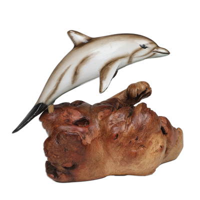 Wood sculpture, 'Unique Dolphin' - Handcrafted Jempinis and Benalu Wood Dolphin Sculpture