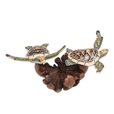 Wood sculpture, 'Turtles on the Reef' - Wood Sea Turtle Sculpture on a Mushroom-Shaped Base