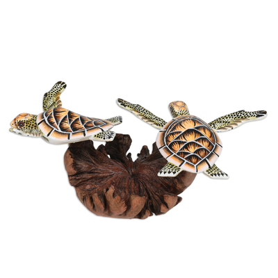 Wood sculpture, 'Turtles on the Reef' - Wood Sea Turtle Sculpture on a Mushroom-Shaped Base