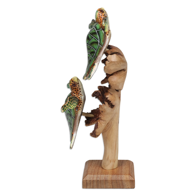 Escultura de madera - Escultura de tortuga de madera con soporte y detalles en forma de hongo