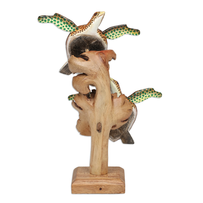 Wood sculpture, 'Green Tortoises' - Wood Tortoise Sculpture with Stand & Mushroom-Shaped Accents