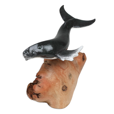 Wood sculpture, 'Grey Whale' - Wood Sculpture of Grey Whale with Mushroom-Shaped Base