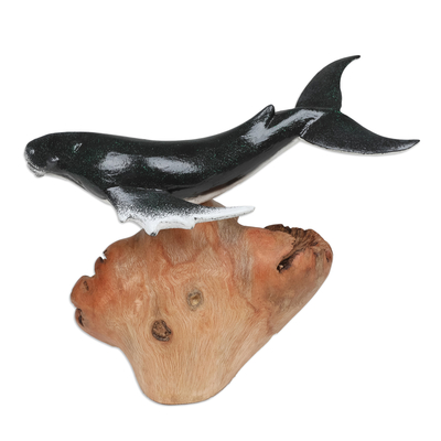 Wood sculpture, 'Grey Whale' - Wood Sculpture of Grey Whale with Mushroom-Shaped Base