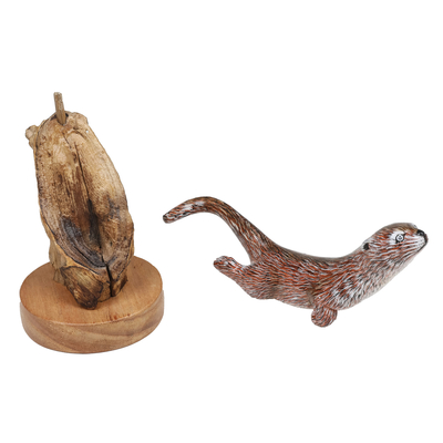 Wood sculpture, 'Swimming Otter' - Wood Sculpture of Swimming Otter with Benalu Wood Base
