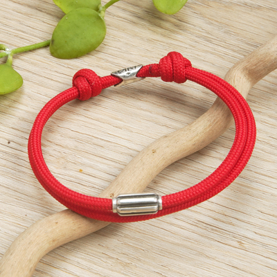 Sterling silver pendant cord bracelet, 'Red Vanguard' - Double-Strand Sterling Silver Pendant Bracelet in Red