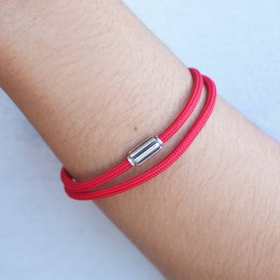 Sterling silver pendant cord bracelet, 'Red Vanguard' - Double-Strand Sterling Silver Pendant Bracelet in Red