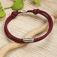 Sterling silver pendant cord bracelet, 'Burgundy Vanguard' - Double-Strand Sterling Silver Pendant Bracelet in Burgundy