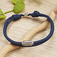Sterling silver pendant cord bracelet, 'Navy Vanguard' - Double-Strand Sterling Silver Pendant Bracelet in Navy