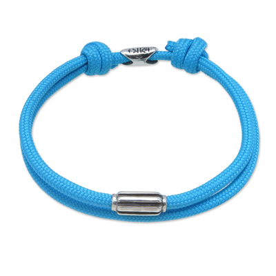 Sterling silver pendant cord bracelet, 'Blue Vanguard' - Double-Strand Sterling Silver Pendant Bracelet in Blue