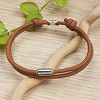 Sterling silver pendant cord bracelet, 'Brown Vanguard' - Double-Strand Sterling Silver Pendant Bracelet in Brown