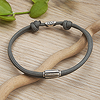 Sterling silver pendant cord bracelet, 'Grey Vanguard' - Double-Strand Sterling Silver Pendant Bracelet in Grey