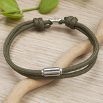 Sterling silver pendant cord bracelet, 'Green Vanguard' - Double-Strand Sterling Silver Pendant Bracelet in Green